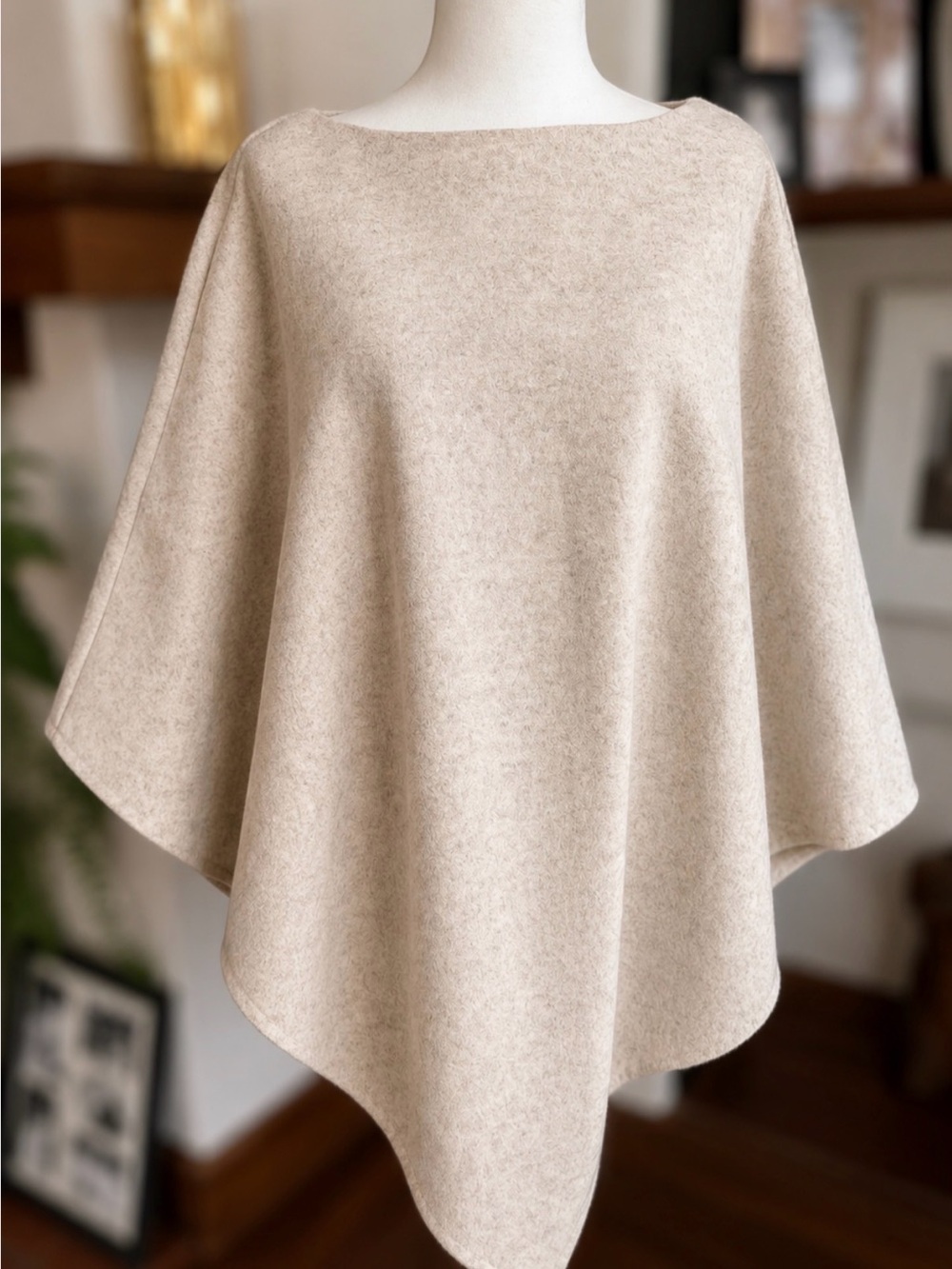 Poncho Wool Like Neutral Light Tan Boat Neck Cozy Chic One Size
